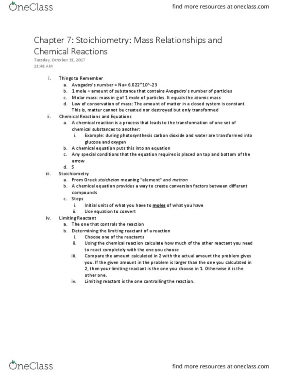 CHEM 1211 Lecture Notes - Lecture 10: Reagent, Limiting Reagent, Molar Mass thumbnail