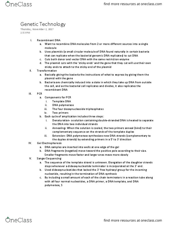 BIOL 1107 Lecture Notes - Lecture 12: Cas9, Sanger Sequencing, Dideoxynucleotide thumbnail