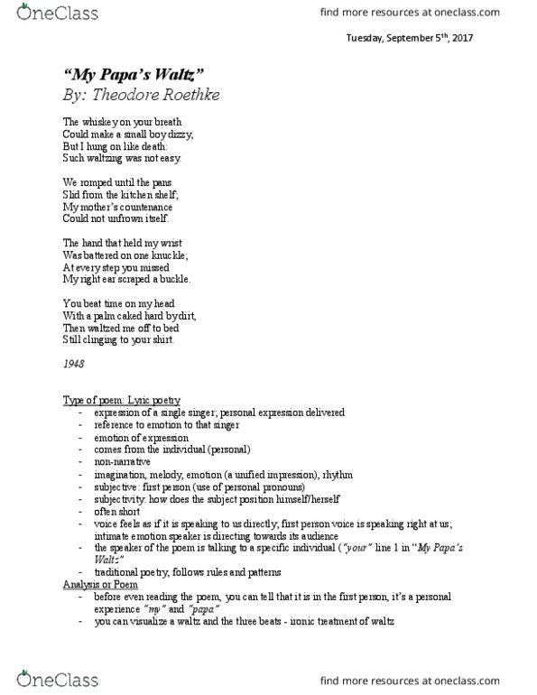 ENG 110 Lecture Notes - Lecture 1: Galway Kinnell, Simile, Free Verse thumbnail