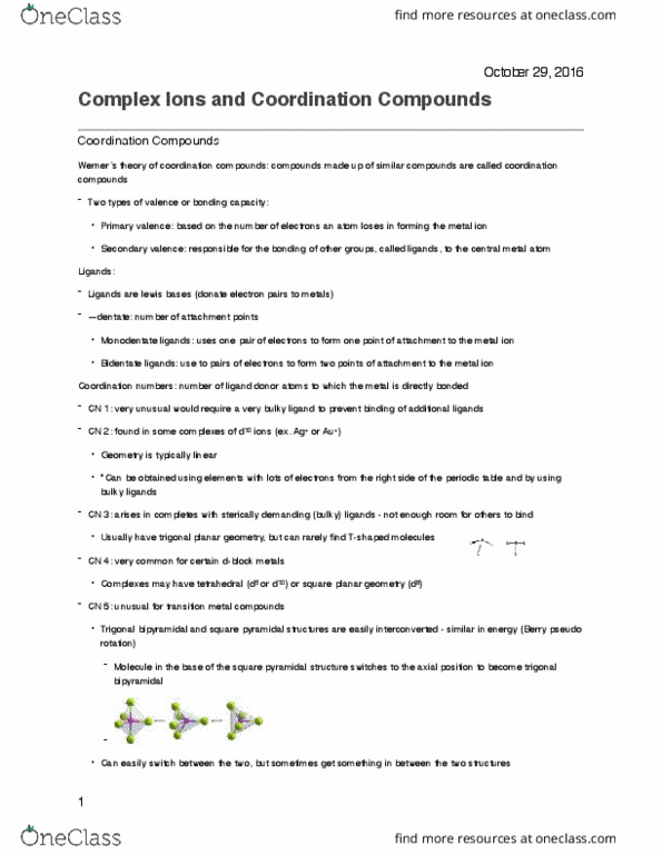 CHM 2353 Lecture Notes - Lecture 8: Octahedral Molecular Geometry, Ethylenediamine, Ethylenediaminetetraacetic Acid thumbnail