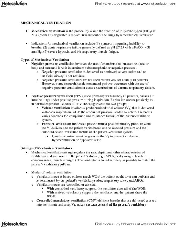 NURS 201 Lecture Notes - Modes Of Mechanical Ventilation, Muscle Atrophy, Hypoventilation thumbnail