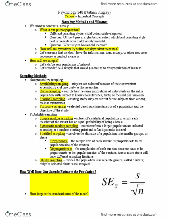 PSY 240 Lecture Notes - Lecture 8: Simple Random Sample, Nonprobability Sampling, Snowball Sampling thumbnail