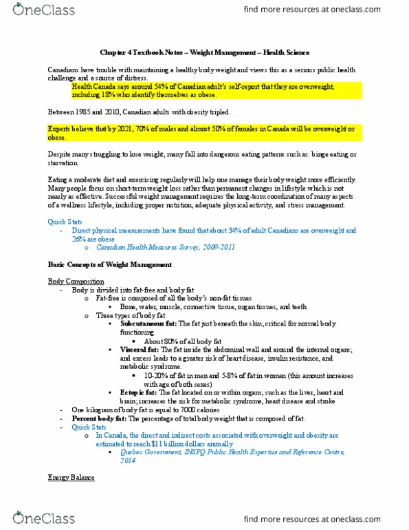 Health Sciences 1001A/B Chapter 4: Chapter 4 Textbook Notes - Health Science - 1001A/B thumbnail