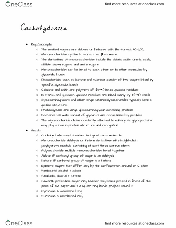 BICH 410 Chapter Notes - Chapter 8: Keratan Sulfate, Amylase, Glycosylation thumbnail