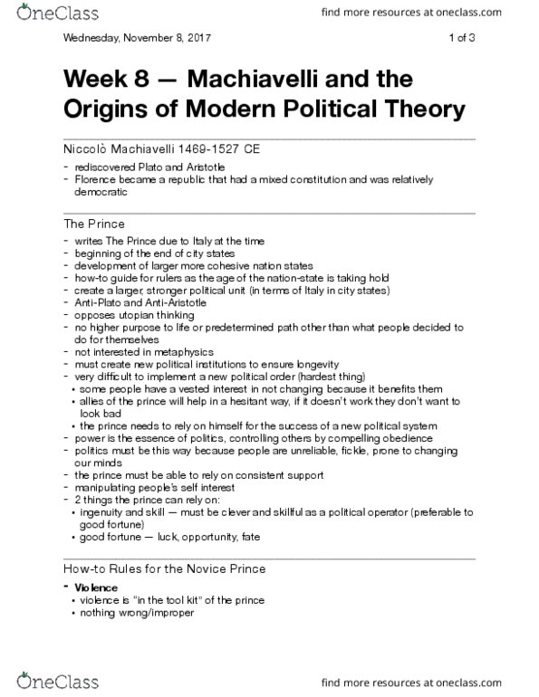 Political Science 2237E Lecture 8: Week 8 - Machiavelli and the Origins of Modern Political Theory thumbnail