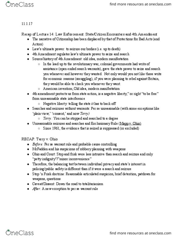 LEGAL 250 Lecture Notes - Lecture 15: Proliferating Cell Nuclear Antigen, Determinative, Fourth Amendment To The United States Constitution thumbnail