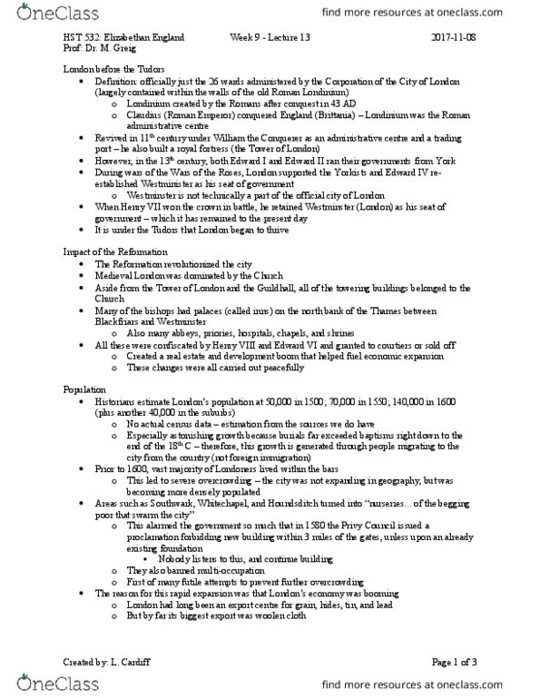 HST 532 Lecture Notes - Lecture 13: Debate Chamber, Archery Butt, Elizabethan Era thumbnail