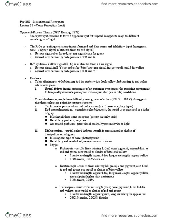 PSY 368 Lecture Notes - Lecture 17: Opponent Process, Color Blindness, Dichromatism thumbnail