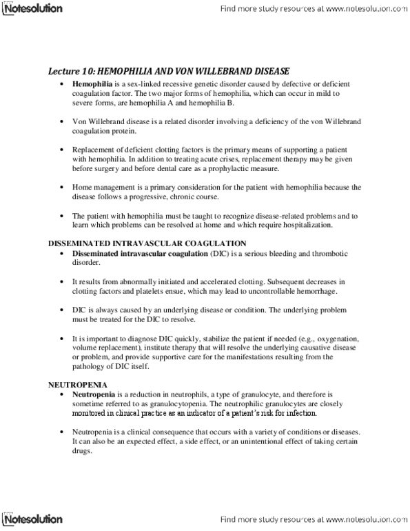 NURS 287 Lecture Notes - Lecture 10: Von Willebrand Disease, Acute Myeloid Leukemia, Chronic Myelogenous Leukemia thumbnail