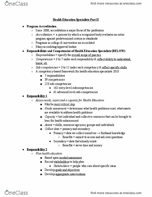 HLTH 210 Lecture Notes - Lecture 23: Continuing Education, Health Education, Needs Assessment thumbnail