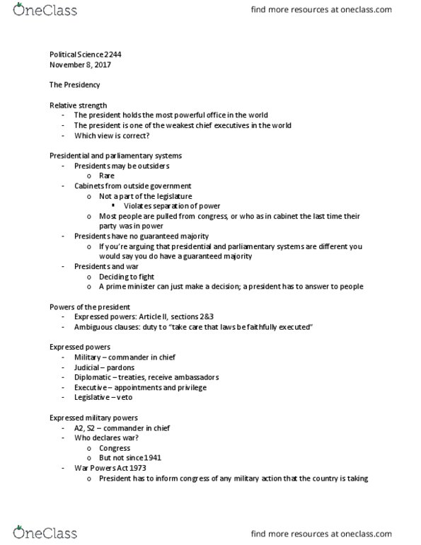 Political Science 2244E Lecture Notes - Lecture 8: Pocket Veto, Nixon White House Tapes, Legislative Veto thumbnail