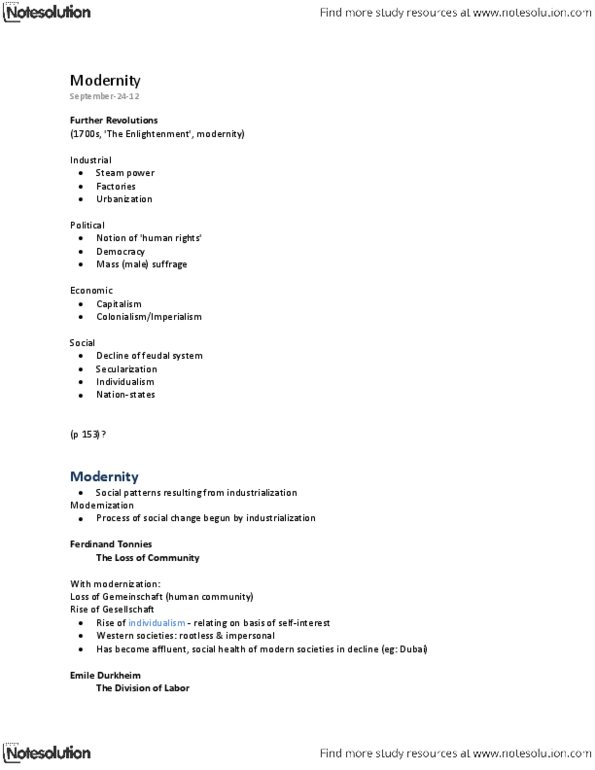 SOCI 100 Lecture Notes - Émile Durkheim, Gemeinschaft And Gesellschaft, Industrial Revolution thumbnail