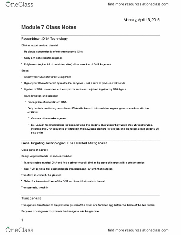 BIO 2133 Lecture Notes - Lecture 7: Gene Knockout, Blastocyst, Neomycin thumbnail