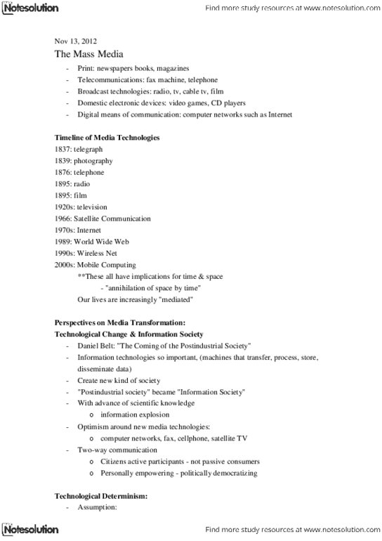 SOCI 100 Lecture Notes - Fax, Cable Television, Information Technology thumbnail