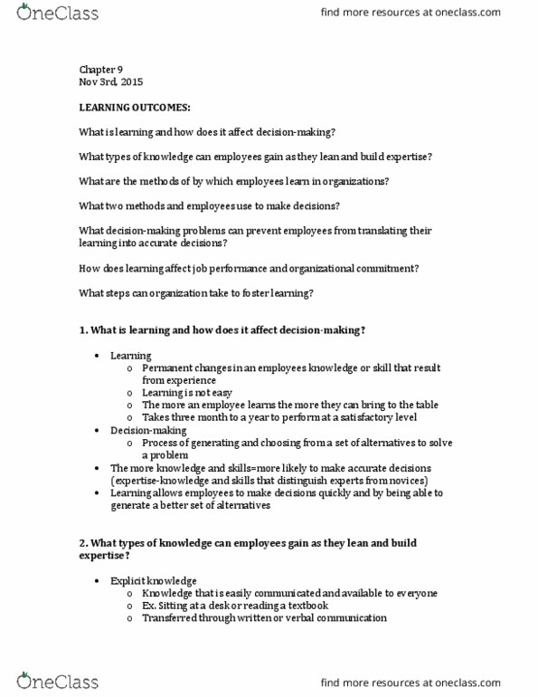 Management and Organizational Studies 2181A/B Lecture Notes - Lecture 9: Reinforcement, Affective Forecasting, Selective Perception thumbnail