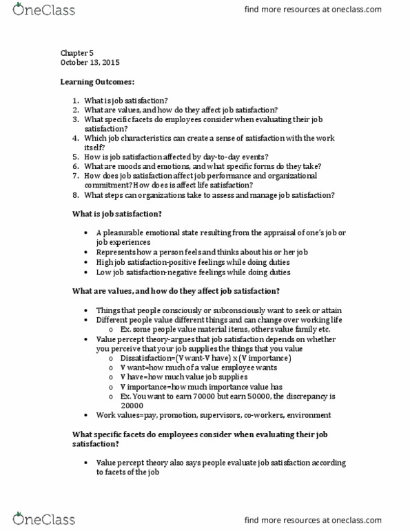 Management and Organizational Studies 2181A/B Lecture Notes - Lecture 5: Job Satisfaction, Organizational Commitment, Job Performance thumbnail