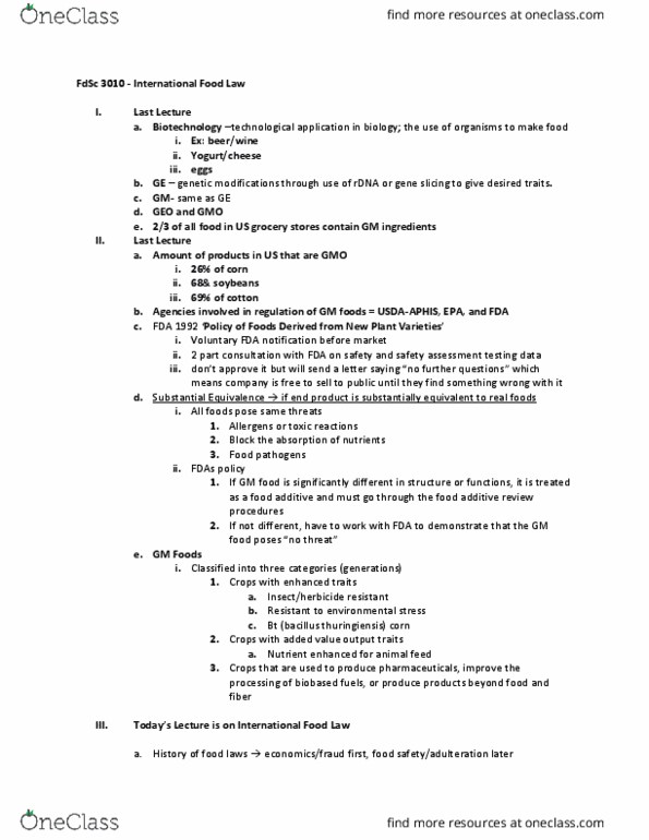 FD SC 3010 Lecture Notes - Lecture 11: General Agreement On Tariffs And Trade, Codex Alimentarius, Snack thumbnail