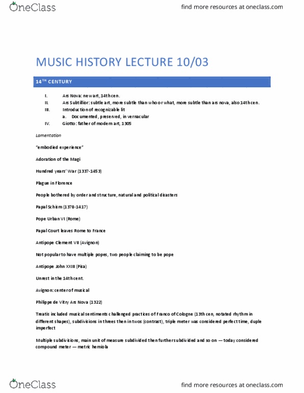 MUSIC 308A Lecture Notes - Lecture 8: Baude Cordier, Leading-Tone, Guillaume De Machaut thumbnail