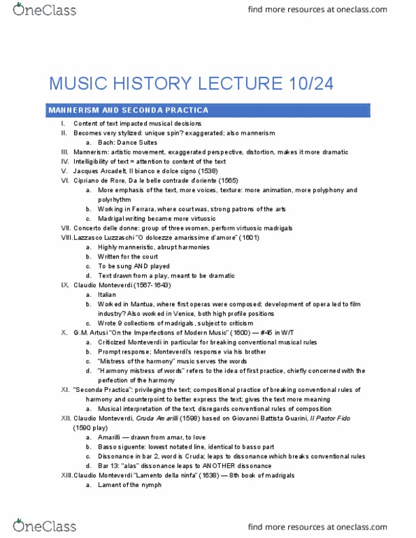 MUSIC 308A Lecture Notes - Lecture 13: Outlandish, Carlo Gesualdo, Cipriano De Rore thumbnail