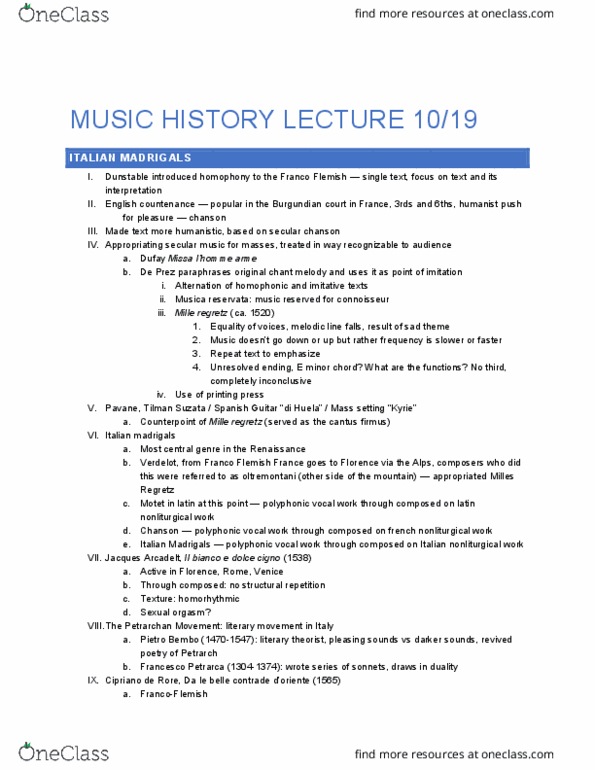 MUSIC 308A Lecture Notes - Lecture 12: Petrarchan Sonnet, Cipriano De Rore, Literary Theory thumbnail