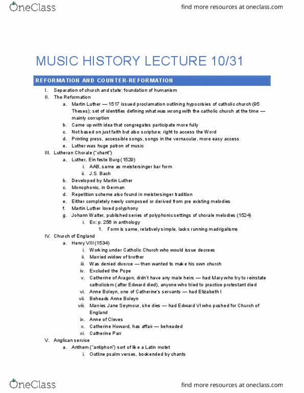 MUSIC 308A Lecture Notes - Lecture 15: Missa Papae Marcelli, Catherine Parr, Lutheran Chorale thumbnail