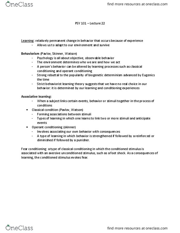 PSY 101 Lecture Notes - Lecture 22: Classical Conditioning, Fear Conditioning, Learning thumbnail