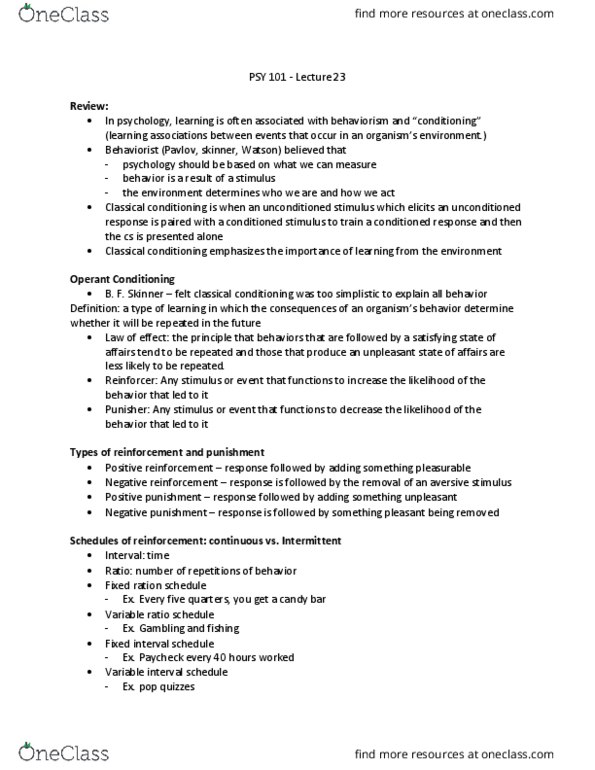 PSY 101 Lecture Notes - Lecture 23: Classical Conditioning, Reinforcement, Operant Conditioning thumbnail