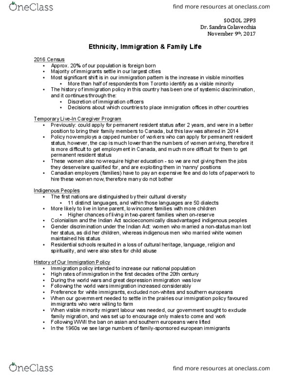 SOCIOL 2PP3 Lecture Notes - Lecture 15: Immigration Policy, Visible Minority, Indian Act thumbnail