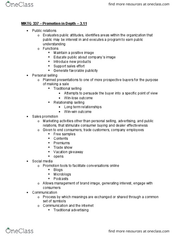 MKT 337 Lecture Notes - Lecture 28: Microblogging, Personal Selling, Sales Promotion thumbnail