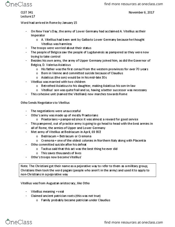 CLST 341 Lecture Notes - Lecture 17: Quintus Petillius Cerialis, Pontifex Maximus, Gallia Narbonensis thumbnail