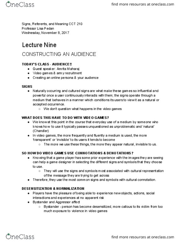 CCT210H5 Lecture Notes - Lecture 9: Anthony Bourdain, Pillow Talk, Collective Unconscious thumbnail