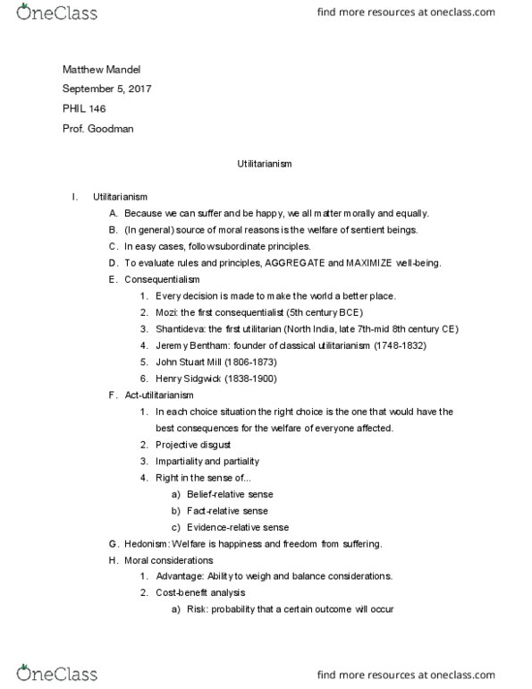 PHIL 146 Lecture Notes - Lecture 4: Collateral Damage, Principle Of Double Effect, Henry Sidgwick thumbnail