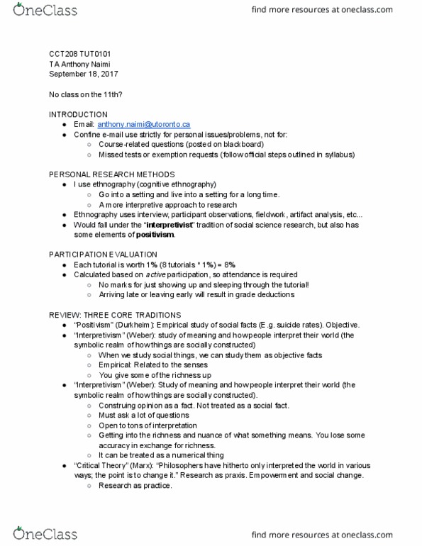 CCT208H5 Lecture Notes - Lecture 1: Ethnoscience, Antipositivism, Social Fact thumbnail