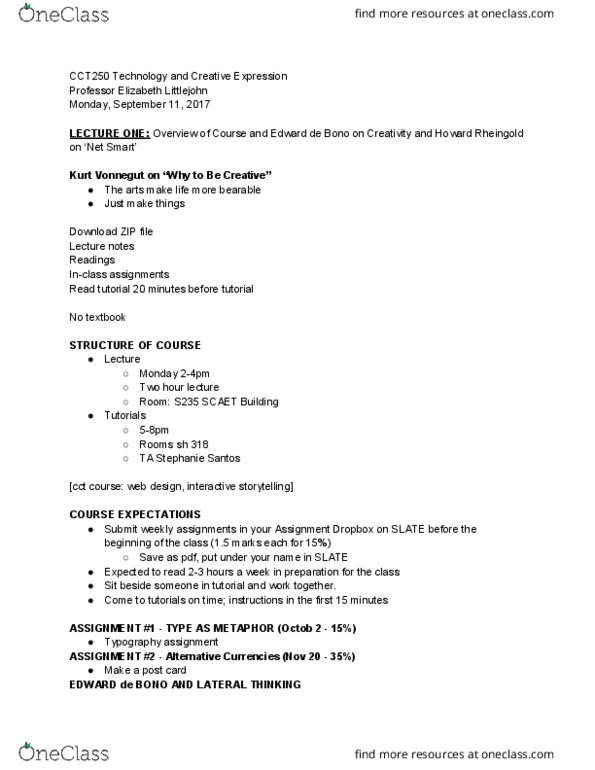 CCT250H5 Lecture Notes - Lecture 1: Curate, Raygun, 13 Minutes thumbnail