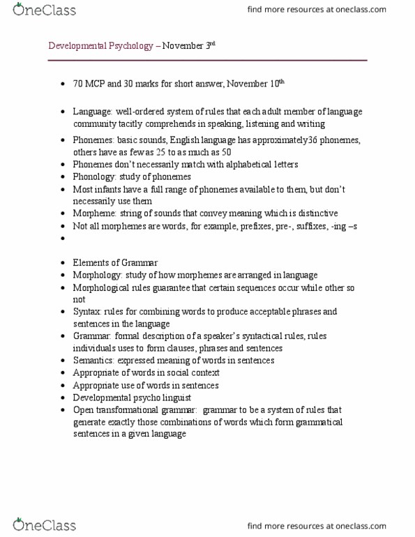 PSYC 2110 Lecture Notes - Lecture 9: Baby Talk, Language Acquisition Device, Cound thumbnail