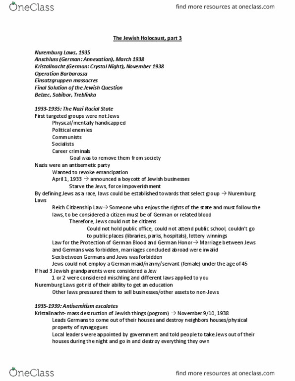 HIST250 Lecture Notes - Lecture 5: Generalplan Ost, Nuremberg Laws, Anschluss thumbnail