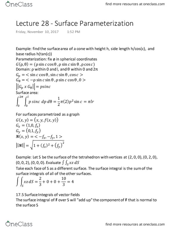 MATH 1920 Lecture Notes - Lecture 28: Surface Integral, Spherical Coordinate System thumbnail