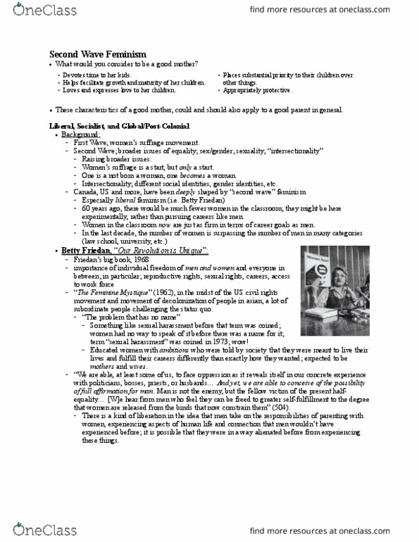POLI 100 Lecture Notes - Lecture 8: Cultural Feminism, Second-Wave Feminism, Betty Friedan thumbnail