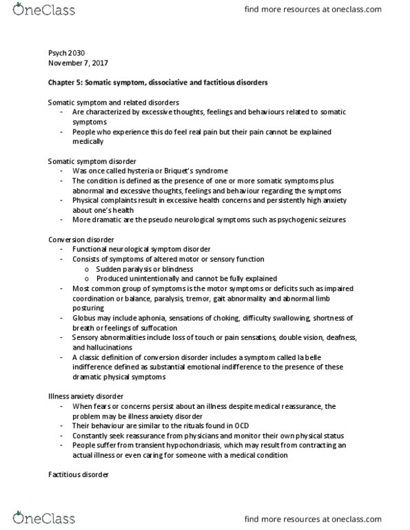 Psychology 2030A/B Chapter Notes - Chapter 5: Dissociative Identity Disorder, Temporal Lobe Epilepsy, Depersonalization Disorder thumbnail