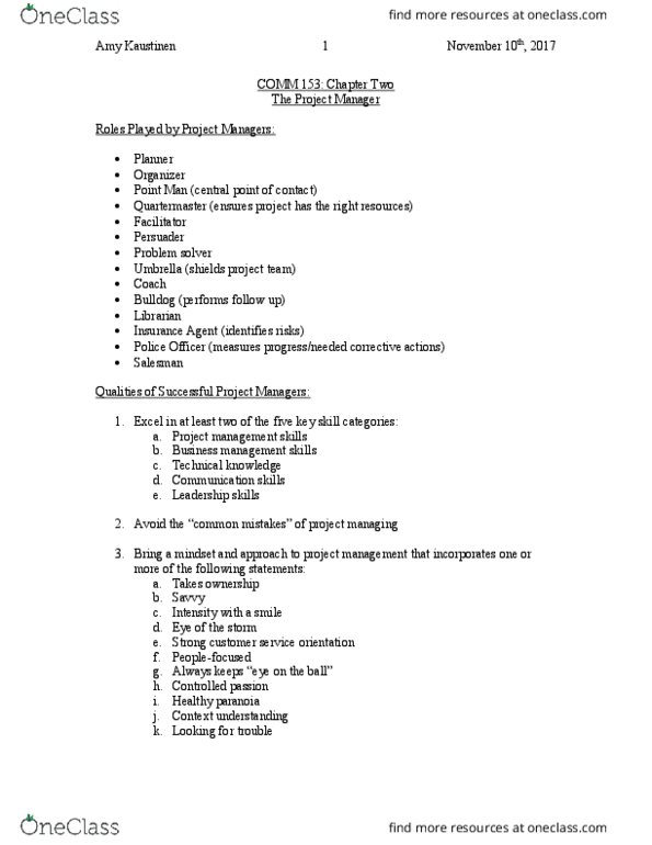 COMM 153 Chapter Notes - Chapter 2: Kaustinen, Project Management, Communication thumbnail