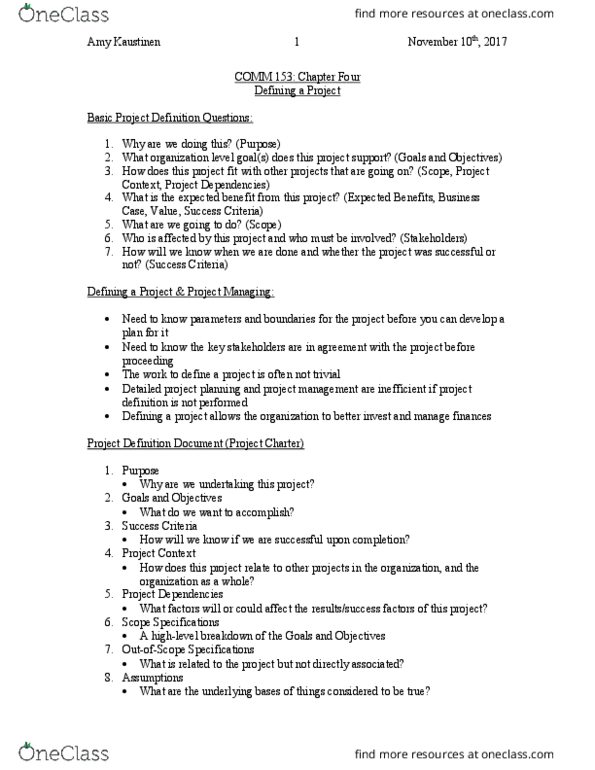COMM 153 Chapter Notes - Chapter 4: Kaustinen, Project Charter thumbnail