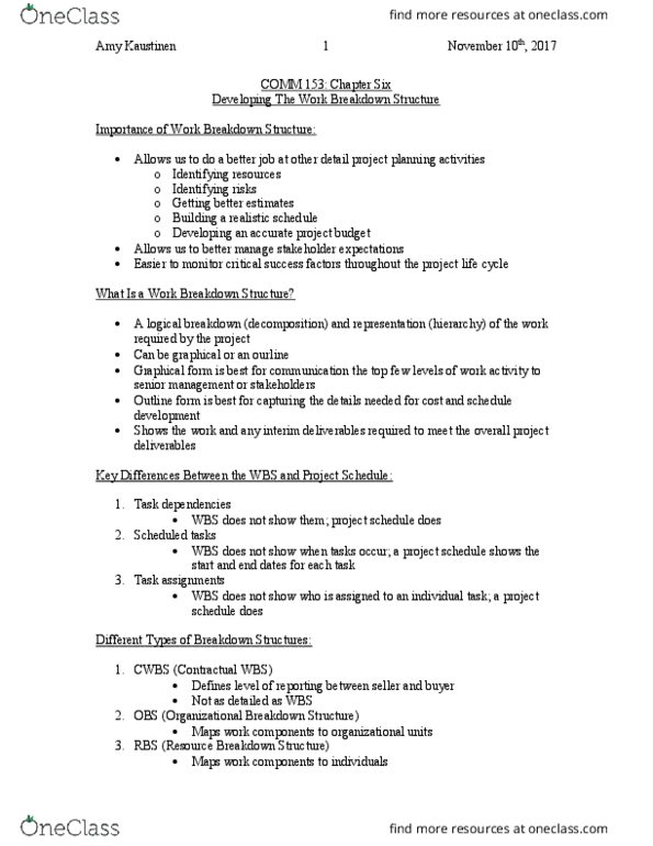 COMM 153 Chapter Notes - Chapter 6: Work Breakdown Structure, Kaustinen thumbnail