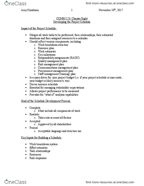 COMM 153 Chapter Notes - Chapter 8: Gantt Chart, Work Breakdown Structure, Kaustinen thumbnail