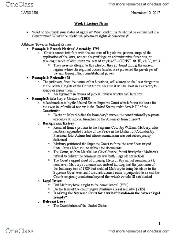 LAWS 2501 Lecture Notes - Lecture 8: Signify, William Marbury, Appellate Jurisdiction thumbnail