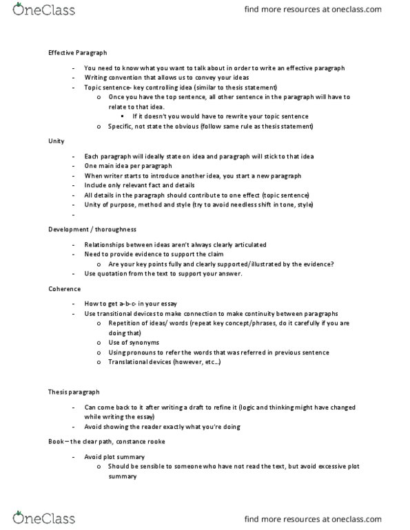 ENGL 1200 Lecture Notes - Lecture 5: Topic Sentence, Thesis Statement thumbnail