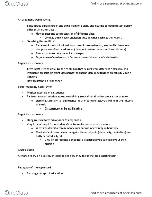 ENGL 1200 Lecture Notes - Lecture 1: Cecil Taylor, Cognitive Dissonance thumbnail