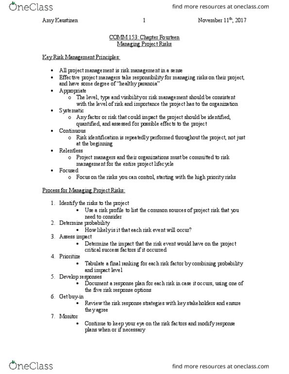 COMM 153 Chapter Notes - Chapter 14: Contingency Plan, Risk Management Tools, Outsourcing thumbnail