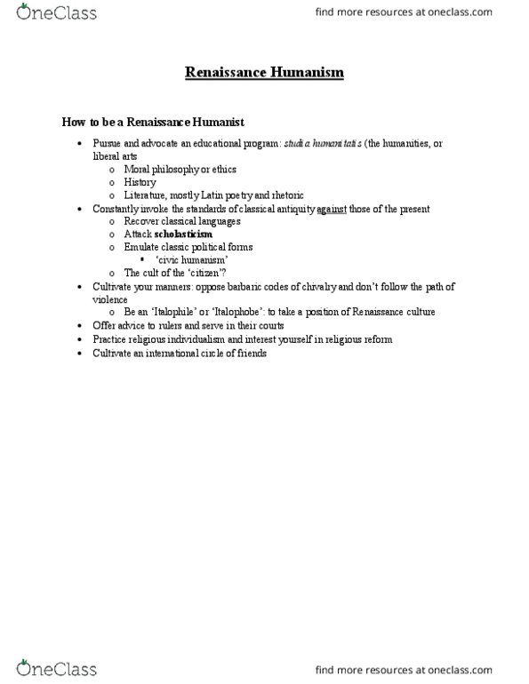 HIST 1010 Lecture Notes - Lecture 9: Renaissance Humanism, Classical Republicanism, Classical Antiquity thumbnail