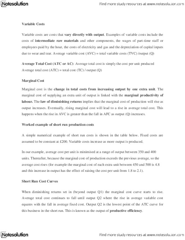 ECON 1010 Lecture Notes - Average Cost, Average Variable Cost, Marginal Cost thumbnail