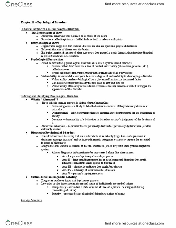 Psychology 1000 Chapter Notes - Chapter 13: Conduct Disorder, Reduced Affect Display, Hypochondriasis thumbnail